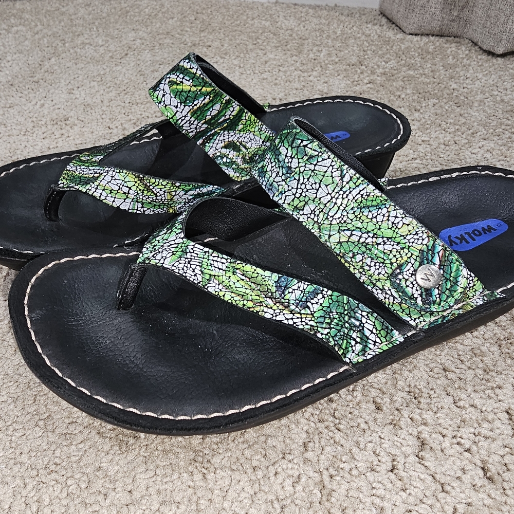 Wolky Women's Green Mosaic Strap Toe-Post Sandals